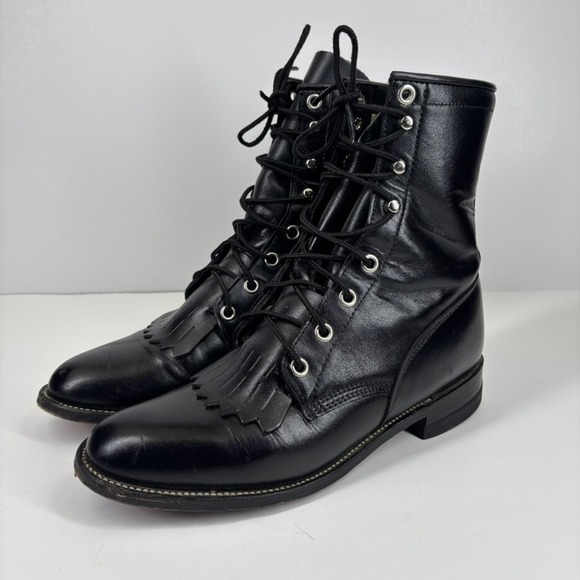 VTG Justin L506 Women's US 6B Black Leather Lace-Up Kiltie Roper Western Boots